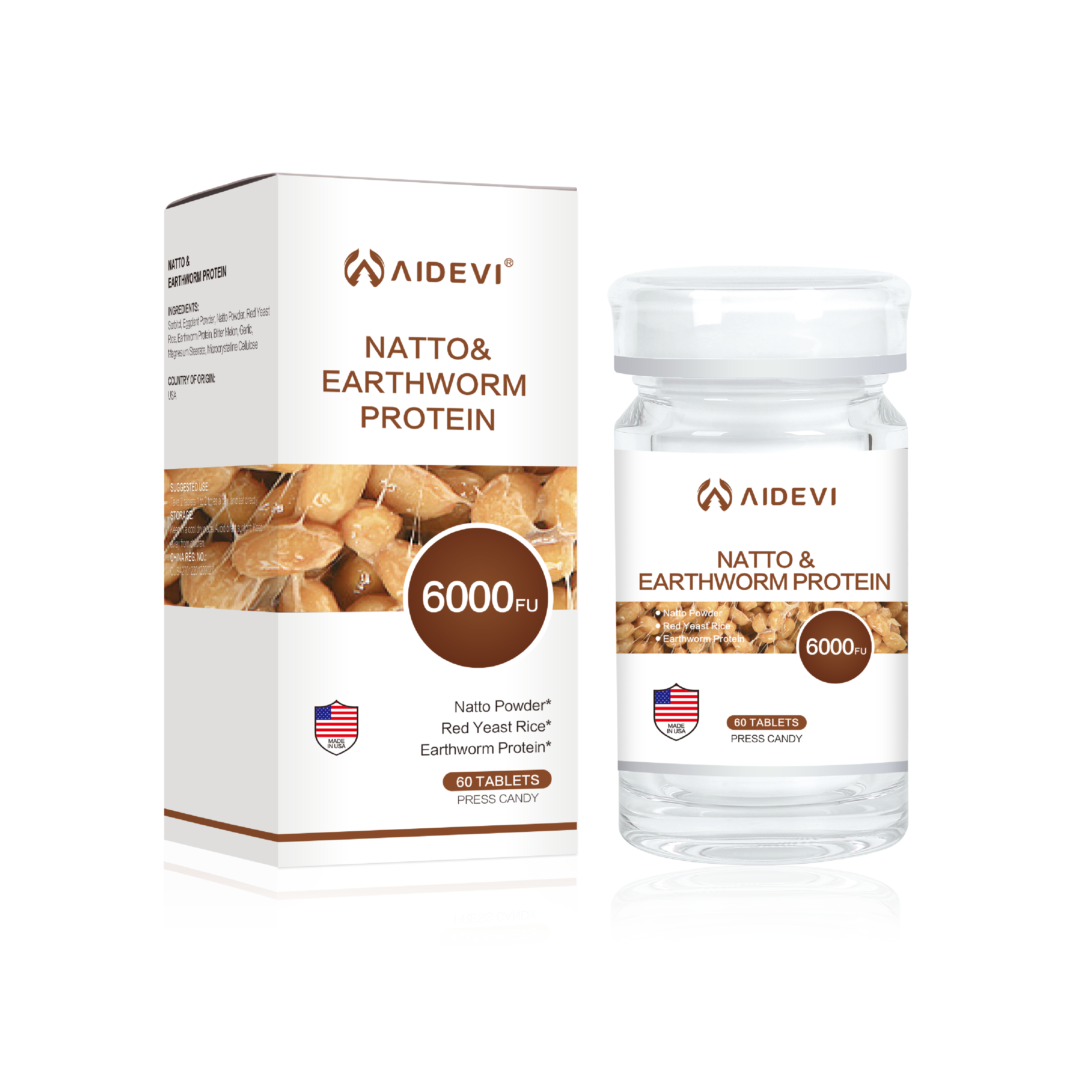 AIDEVI NATTO & EARTHWORM PROTEIN 60 TABLETS 6000FU Nattokinase For Cardiovascular Health Made In USA缩略图