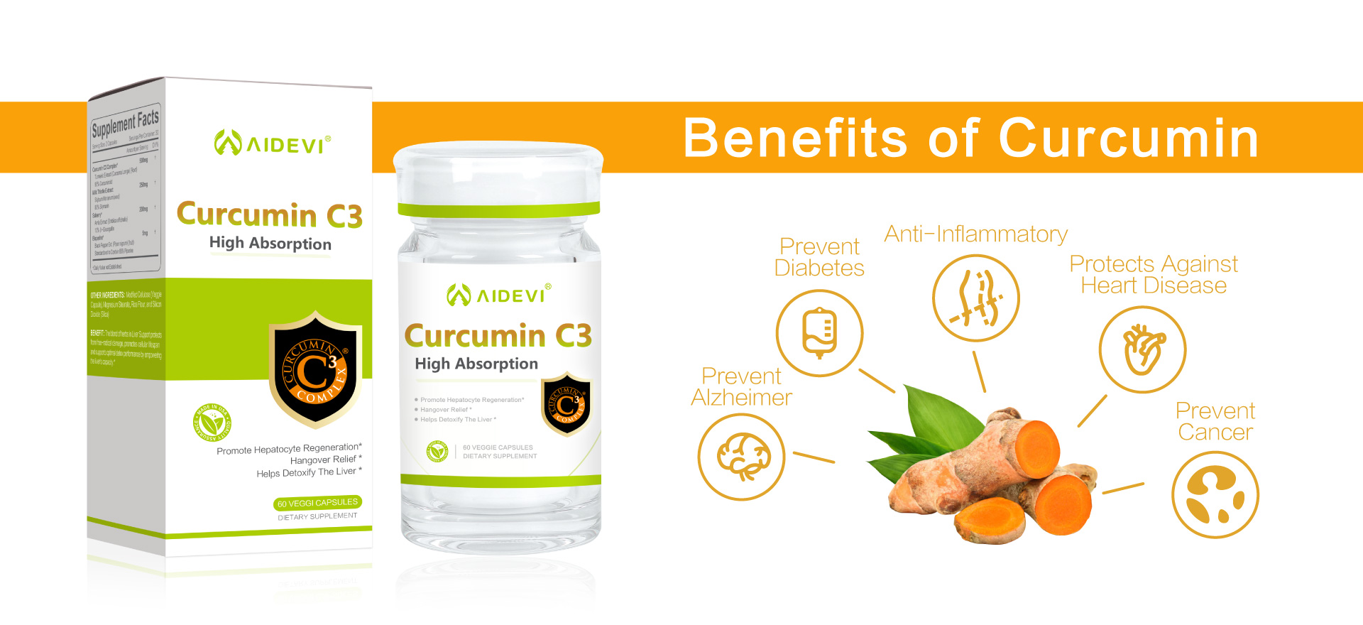 AIDEVI Curcumin C3 High Absorption 60 Casuples Relieve Hangover Made In USA插图